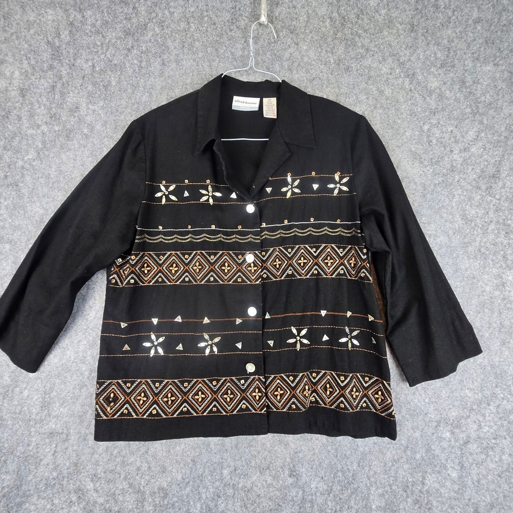 Alfred Dunner Shirt Women 14P Black Petite Embroidered Shell Button Up Top